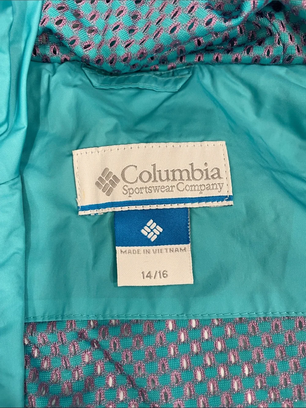 Columbia Turquoise Hooded Rain Jacket with Navy Panels